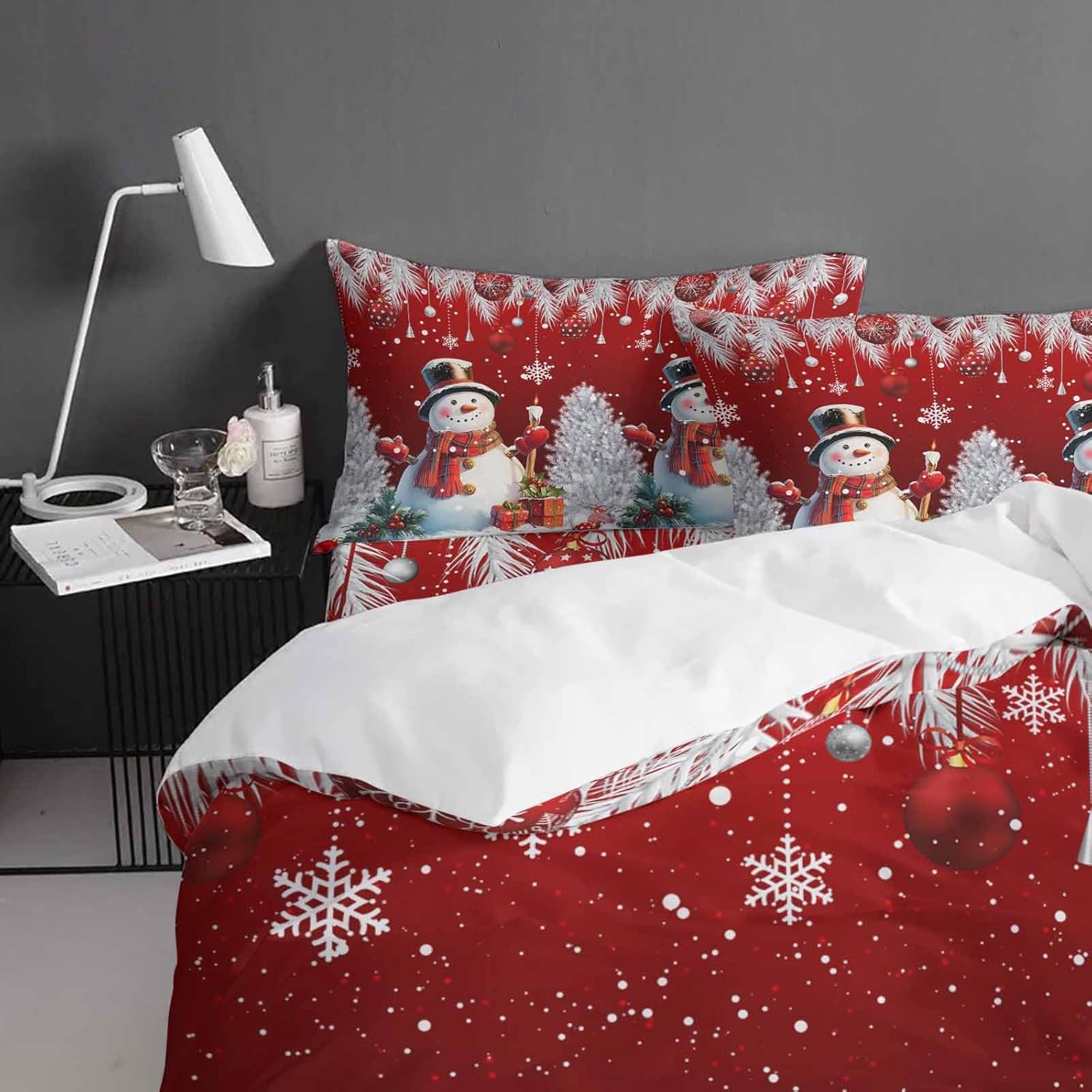 Red Christmas Snowman Queen Comforter Covers Sets, Christmas Trees 4 Piece Duvet Cover Set, Xmas Ball Snowflake Sliver Leaves Lightweight Microfiber Soft Bedding Set for Adult Teen
