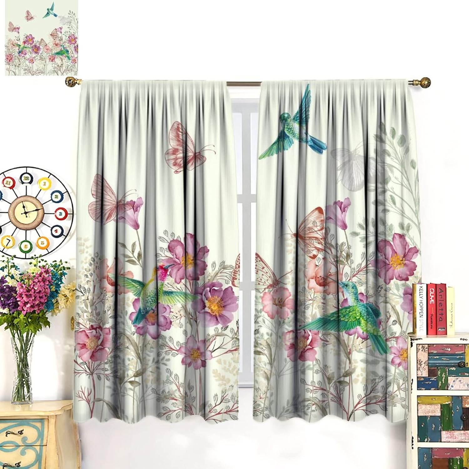 Rustic Hummingbirds Watercolor Floral Bird Spring Green Leaf Rod Pocket Blackout Curtains - Window Curtain Set Energy Saving Thermal Insulated Drapes for Living Room 2 Panels 45L x 21W