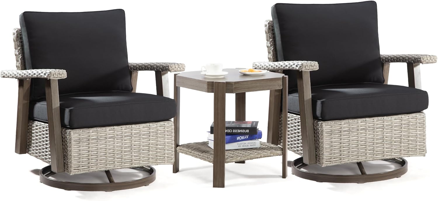 Outdoor Swivel Rocker Patio Chairs Set of 2 with Matching Side Table - Wicker Patio Rocker Chairs Set of 2 with 360 Degree Swivel Base & Premium Black Olefin Cushions