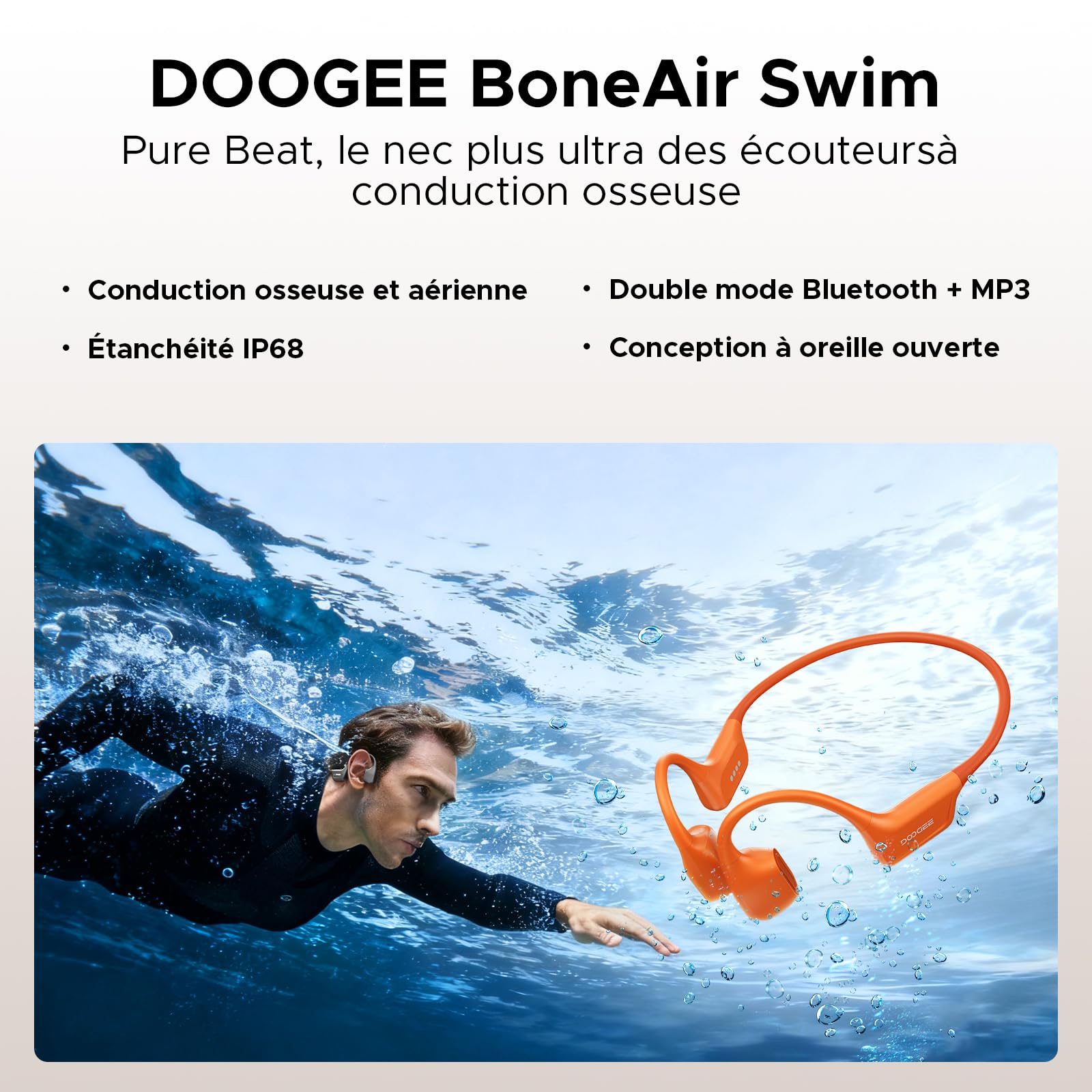 Cuffie a Conduzione Ossea Nuoto, 10H IP68 Impermeabili Sportivi Auricolari Conduzione Ossea 64GB MP3 Bluetooth 5.4 Nuoto, corsa e fitness,Arancione
