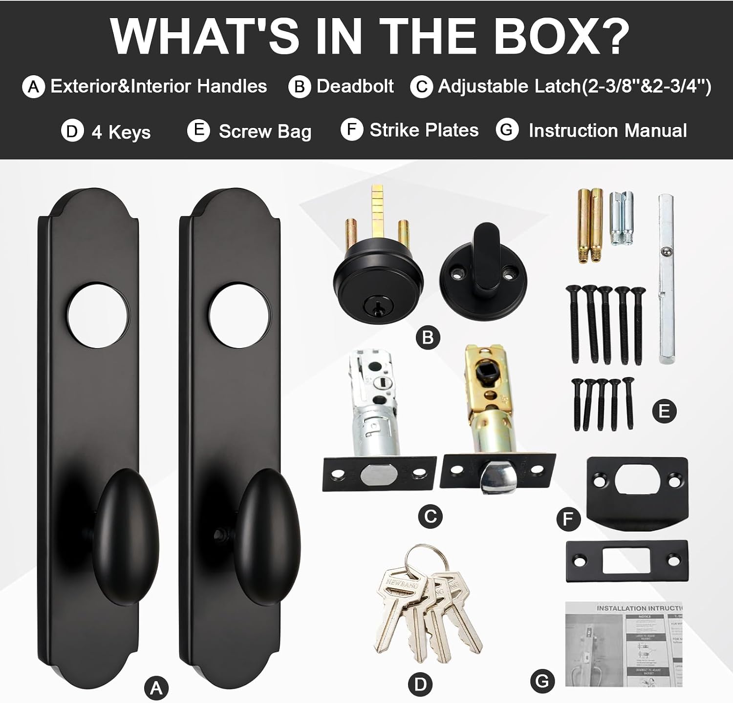 Modern Front Door Handle, Matte Black Entry Handle with Knob | Exterior Door Lock Set with Deadbolt(Keyed Handleset, 4 Keys), Reversible for Right&Left Handed