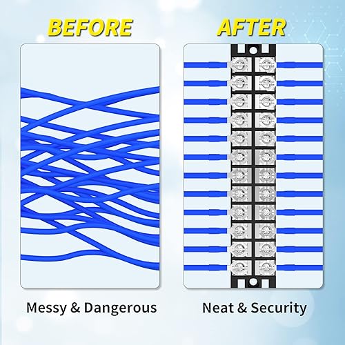 Vista 12 de Joinfworld Bloque de terminales 25A 600V Tira de terminales de tornillo de doble fila con tapa, bloque de terminales de cable preaislado de 8