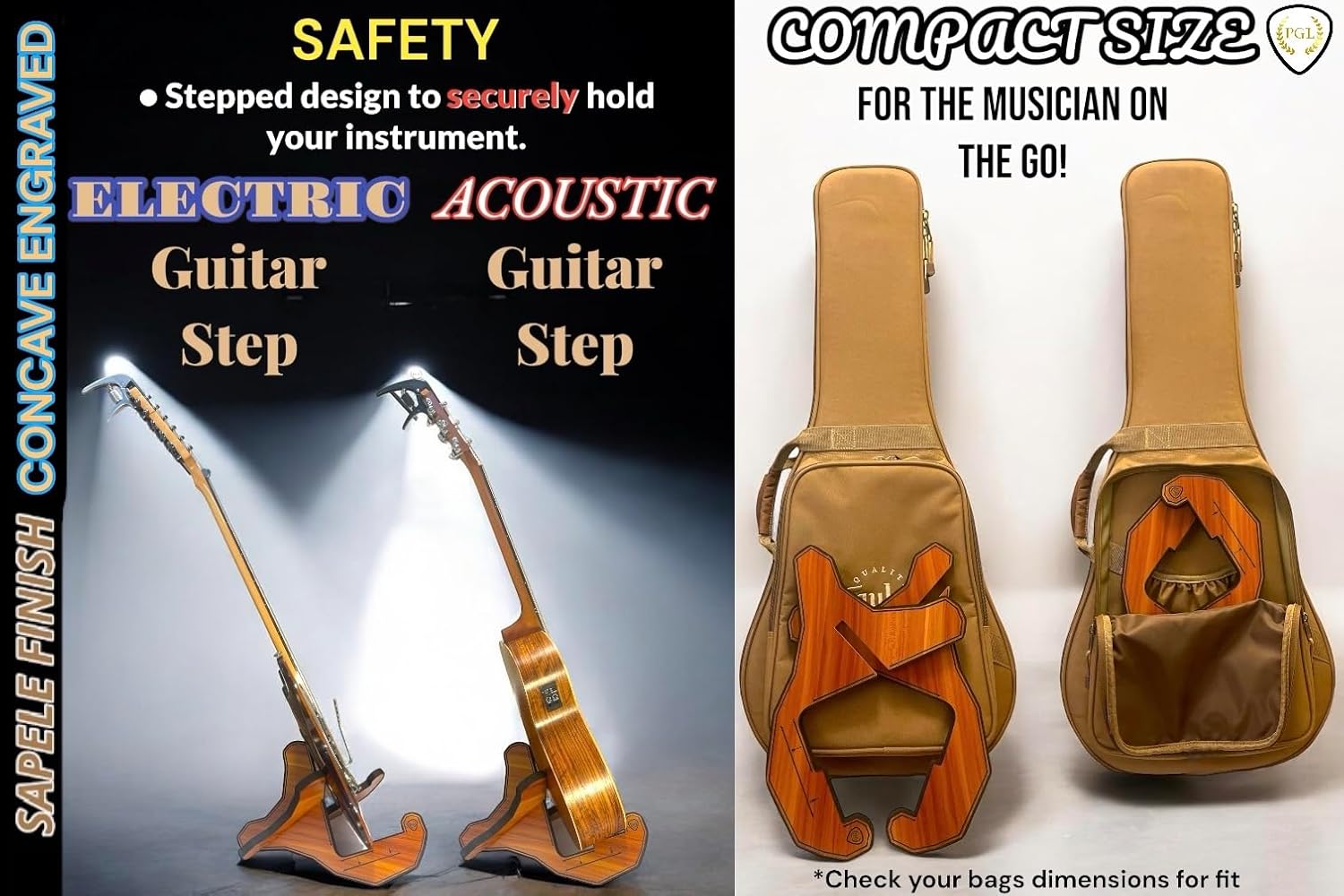 PGL Stepped Wooden Guitar Stand (Floor Stand) w/ Thicker EVA Protective Padding, Thicker Material, Electric Guitar Step, Acoustic Guitar Step, Concave Laser Engraved Diagram and Border, Universal Holder for Acoustic, Bass, Electric & Classical Guitars Sapele Wood Finish