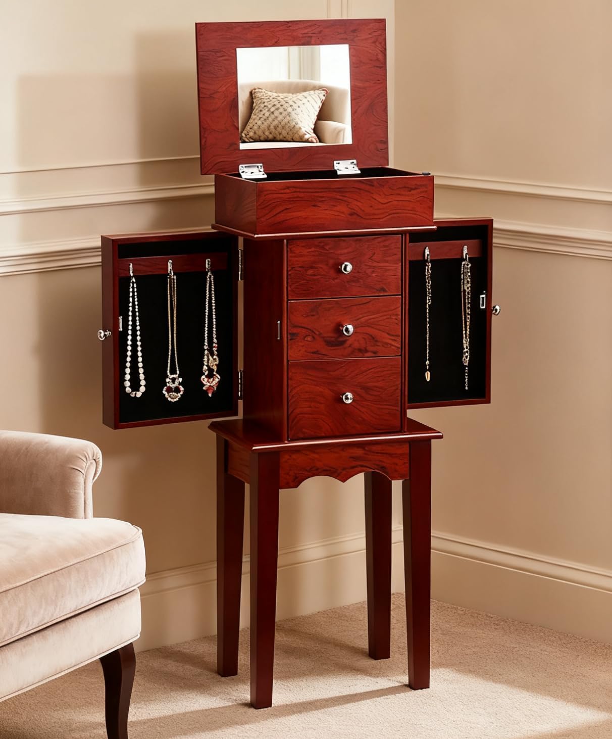 Jewelry Cabinet Armoire Standing Jewelry Storage Chest with Drawers & Mirror (3-Drawer)