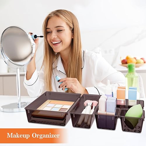 Miniatura 5 de Juego de 25 organizadores de cajones de plástico, 4 tamaños, bandejas organizadoras versátiles y contenedores de almacenamiento para maquillaje,