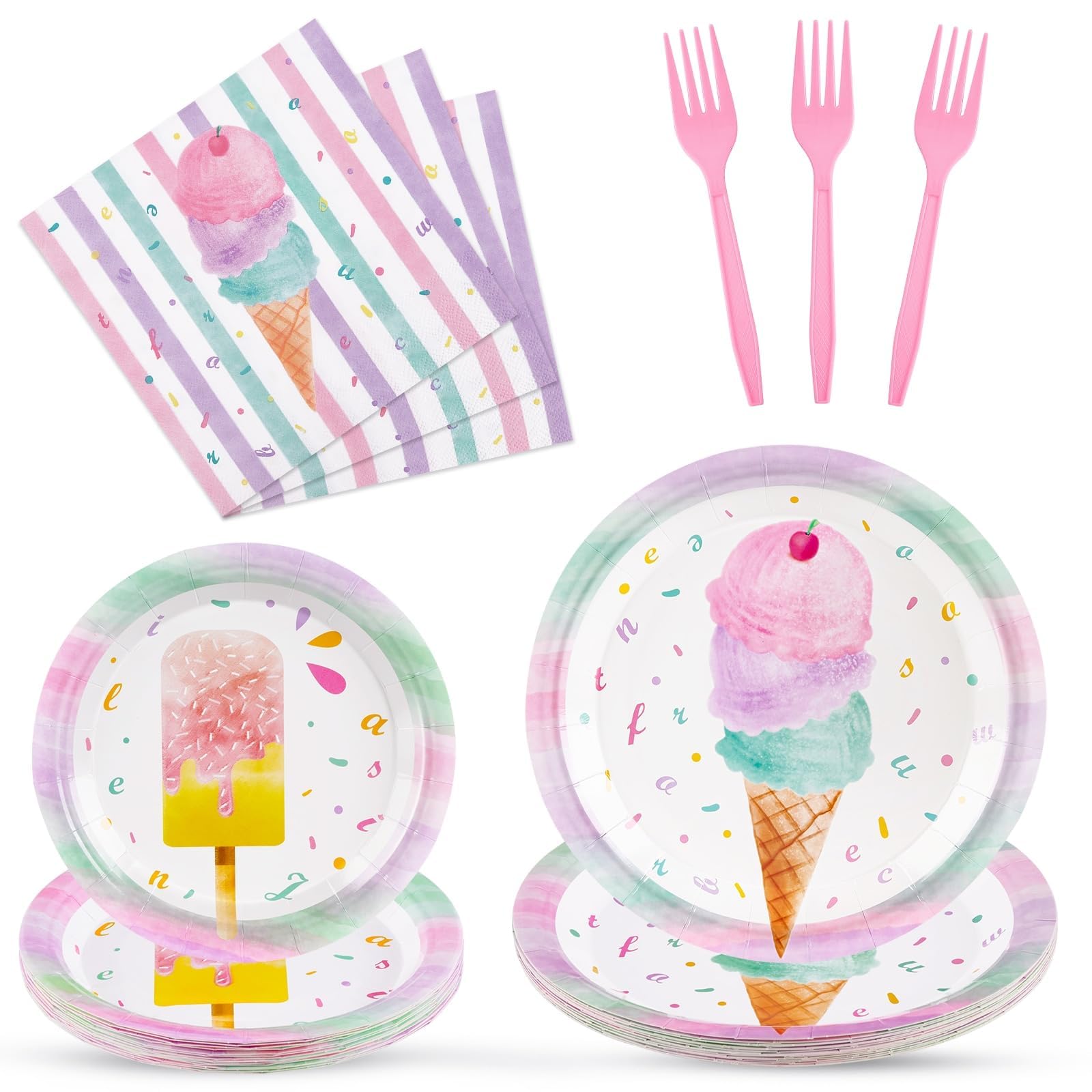 WERNNSAI Ice Cream Party Decorations - 200 PCS Ice Cream Plates Napkins Forks Pink Sweet Themed Birthday Supplies for Kids Girls Birthday Pool Summer
