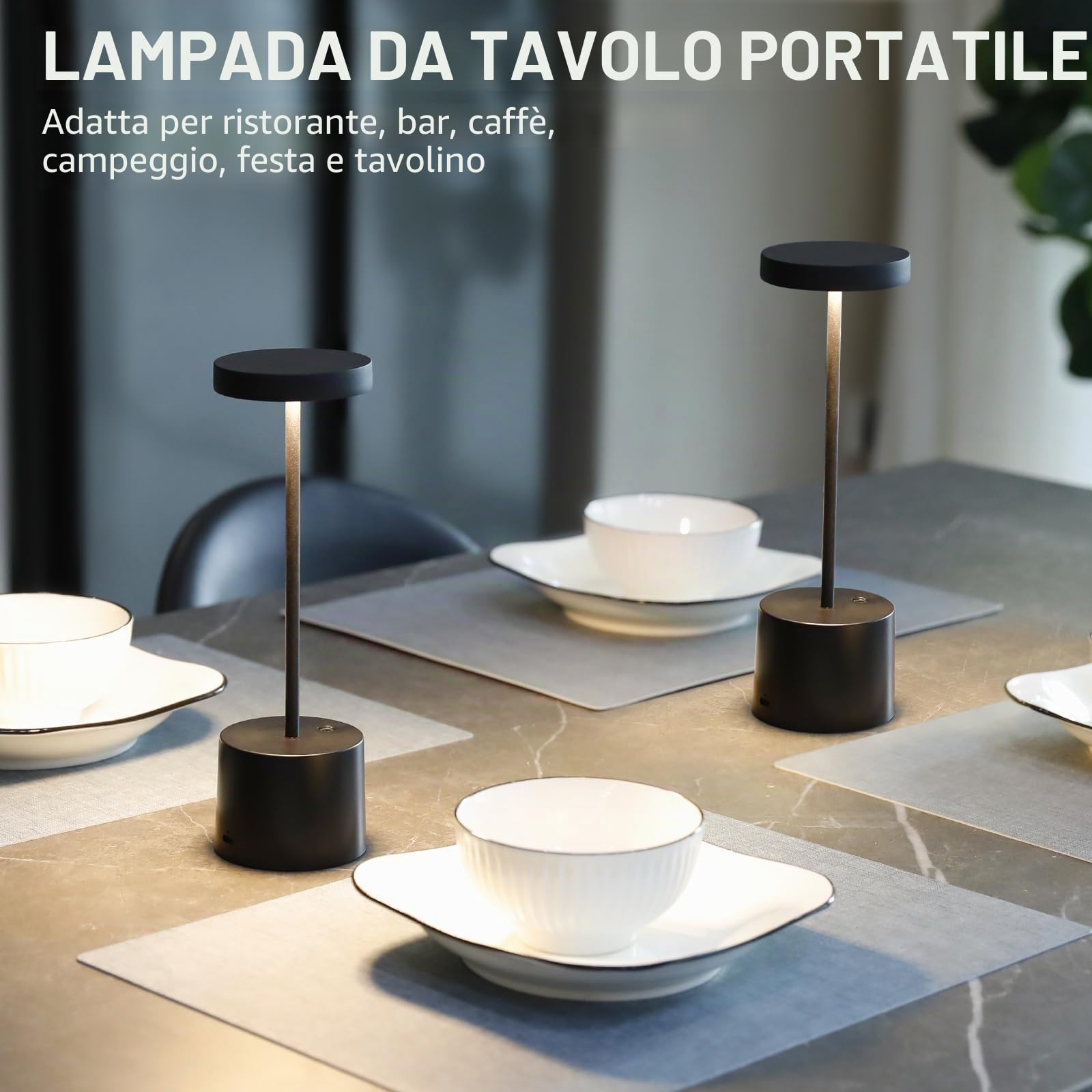 Lampada da tavolo senza fili, Lampada LED da tavolo ricaricabile, 3 Modalità di Colore, Lampada da tavolo LED per sala da pranzo, camera da letto, bar, caffè, ristorante, patio, set da 2 - Nero