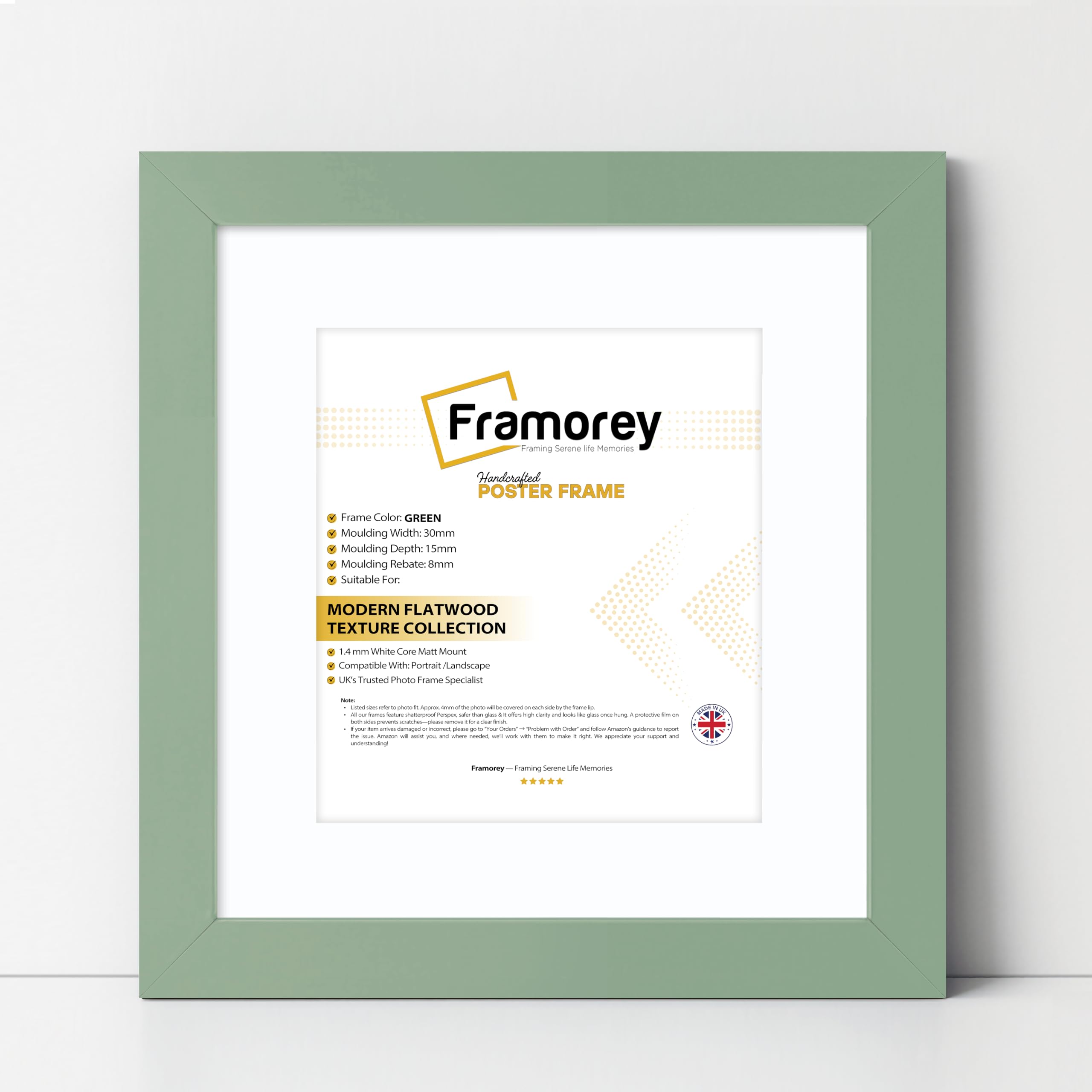 FRAMOREY Square Oxford Flat Wooden Effect Picture Frame, 60x60CM Size Green Photo Frame With 50x50CM Size White Mount, Photo Print Frame, Best Photo Frames For Birthday Gift