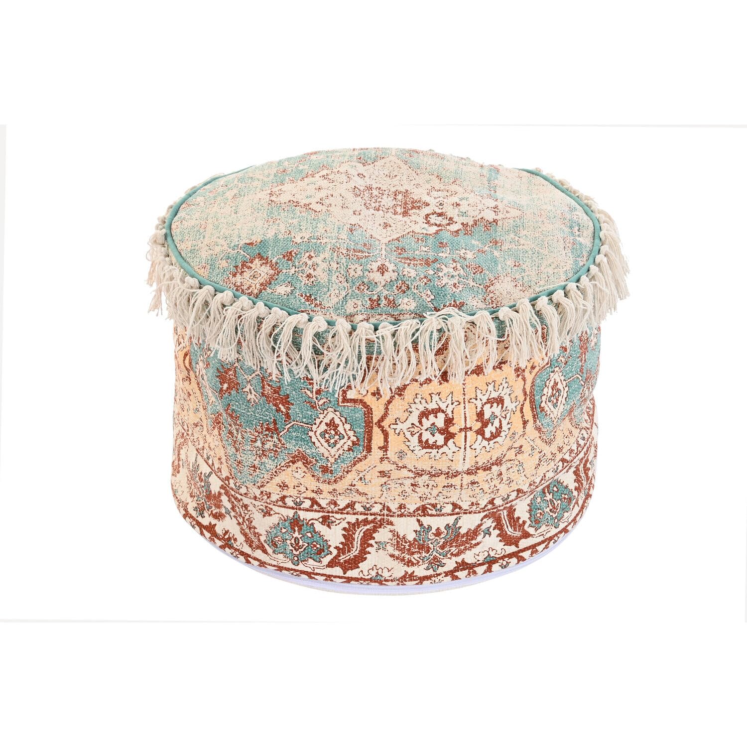 Coussin de sol capitonné coton vert 46x46 pouf salon à franges