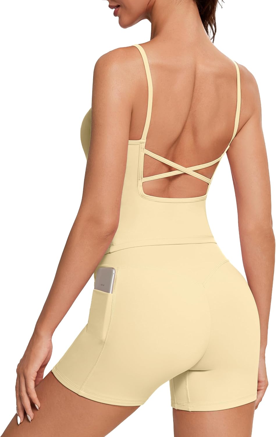 OMKAGI Workout Sets for Women Open Back Strappy Workout Tank Gym Shorts Outfits with Pockets