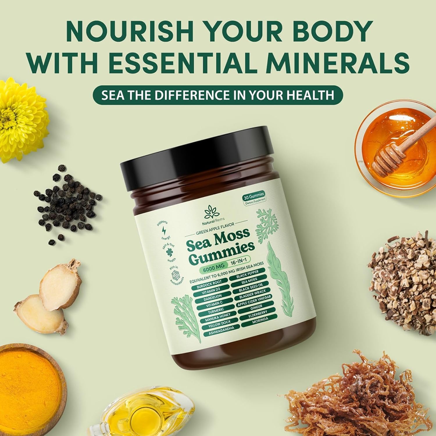 Natural Rems Sea Moss Gummies 16-in-1 - Ashwagandha Black Seed Oil Bladder Wrack Turmeric Vitamin C & D3 with Manuka Burdock Root Dandelion Yellow Dock Elderberry Apple Cider Vinegar (Green Apple) — Amazon image 3