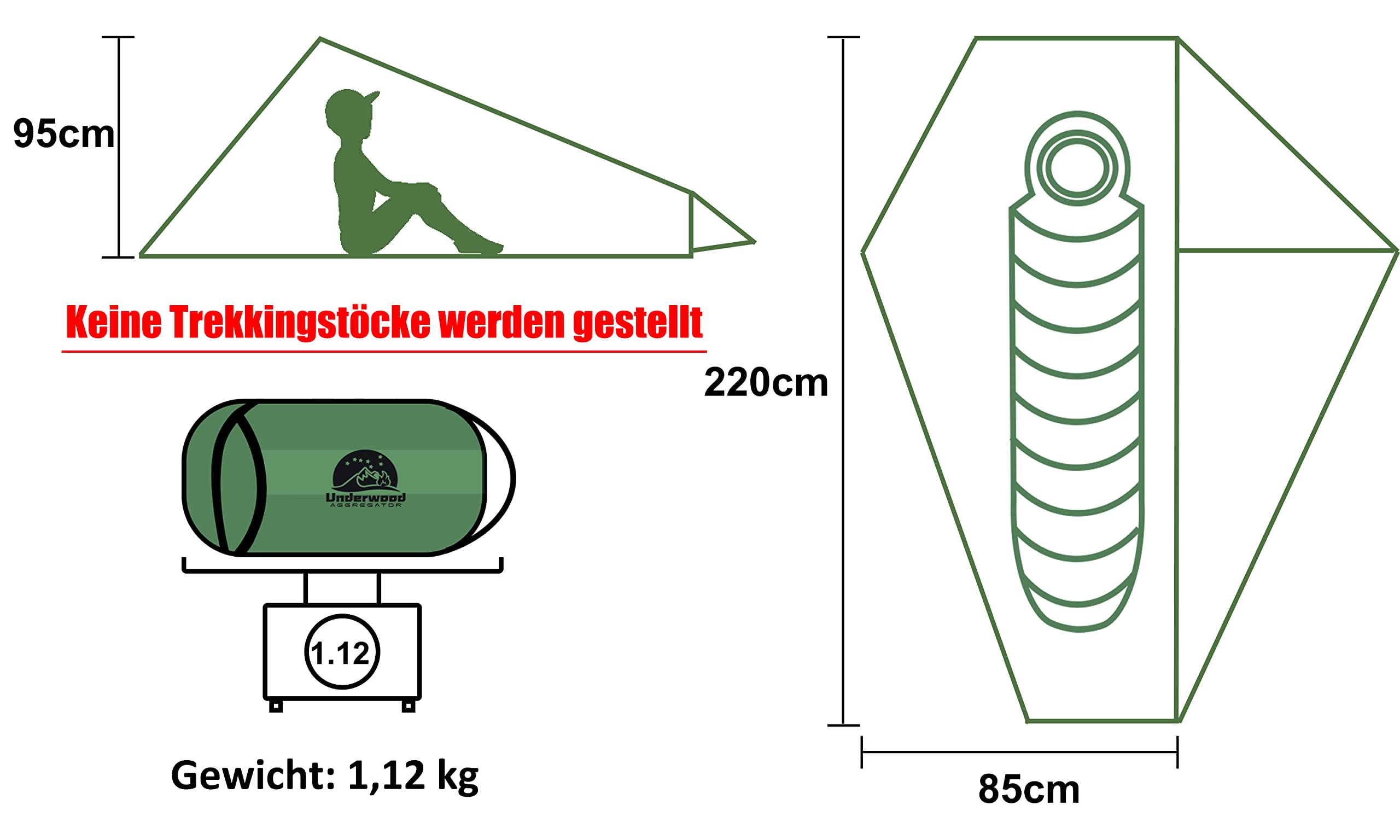 1 Personen Zelt für Camping – Ultraleicht Trekkingstock Zelt, Wasserdicht Outdoor 1 Mann Zelt, Kompakt Zelt mit Kleines Packmaß für Wandern, Strand, Festival(Keine Trekkingstöcke)