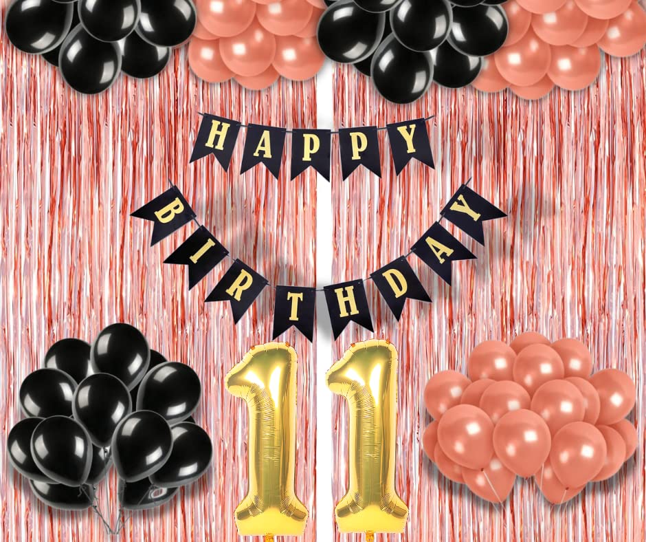 Image of 11th Birthday Decoration items for Girls with Black and Rose Gold Balloons, Black Happy Birthday Banner, Rose Gold Foil Curtain, Foil Balloon number 11