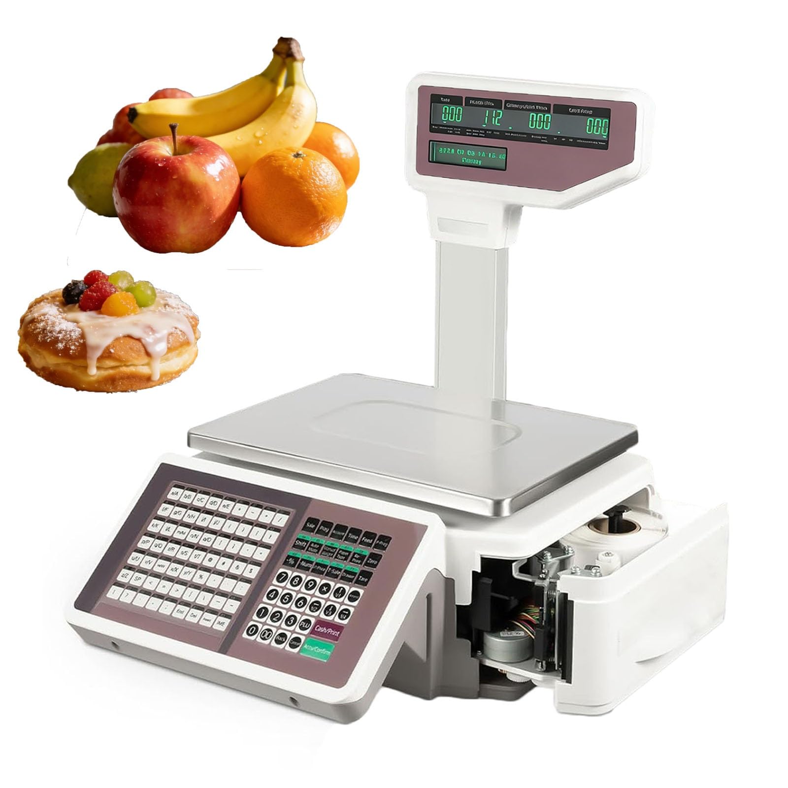 Waga dla Masarni z Drukarką Etykiet 30kg, Szybkie Ważenie dla Handlu, Waga Kalkulacyjna do Wydajnej Obsługi Klienta, Angielskie Menu, Szalka ze Stali Inox