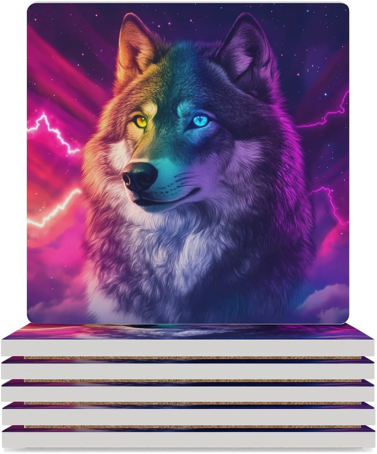Wild Wolf Colorful Coasters for Drinks Square Table Coasters Set Cup Mats with Cork Base