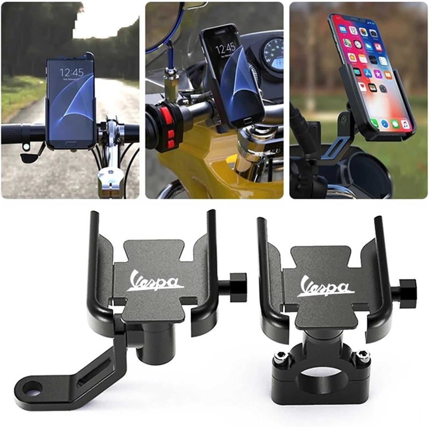 Motorcycle CNC Accessories Handlebar Mobile Phone Holder GPS Stand Bracket for Vespa 125 VNA-TS PX80-200/PE/Lusso(Black)