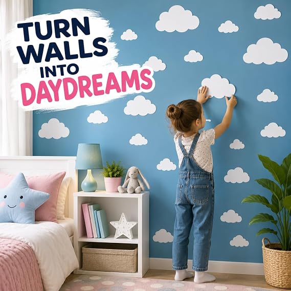 33 Cloud Wall Decals, Removable Peel and Stick Vinyl Wall Stickers for Nursery, Children's Bedroom, Playroom and Baby Room, White Cloud Wall Decorations, Various Sizes, Easy to Apply and Remove