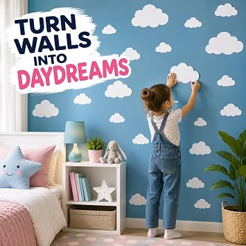 33 Cloud Wall Decals, Removable Peel and Stick Vinyl Wall Stickers for Nursery, Children's Bedroom, Playroom and Baby Room, White Cloud Wall Decorations, Various Sizes, Easy to Apply and Remove
