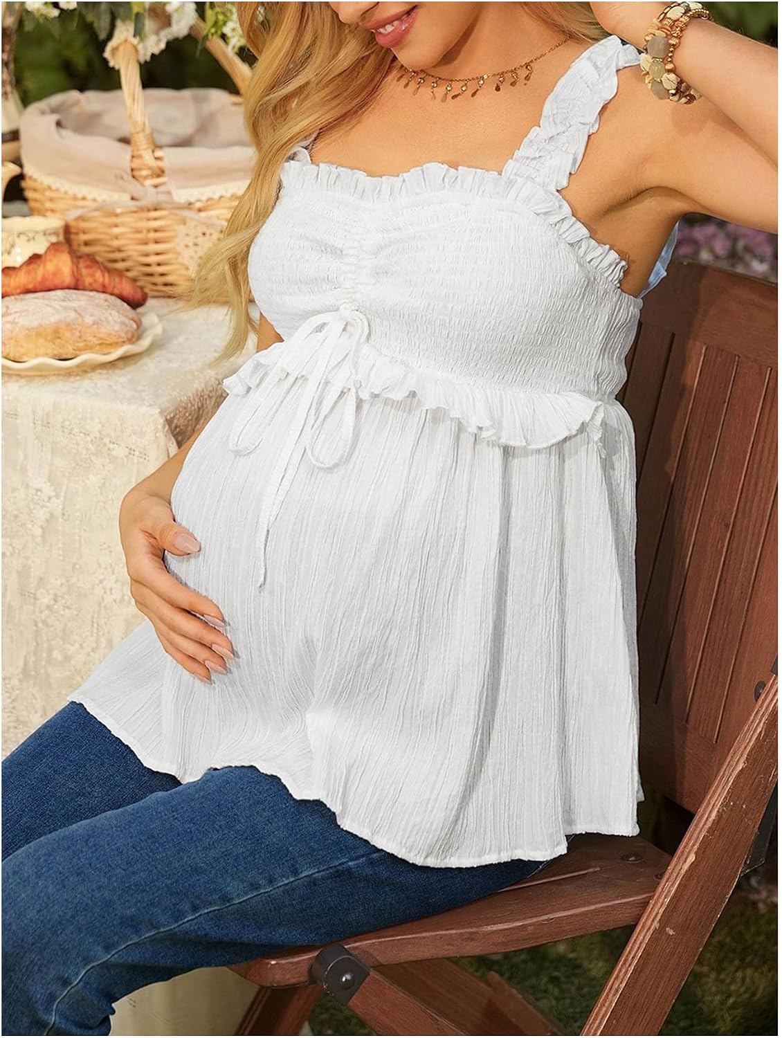 MakeMeChic Women's Maternity Tank Tops Backless Tie Front Ruffle Pregnancy Boho Peplum Tops