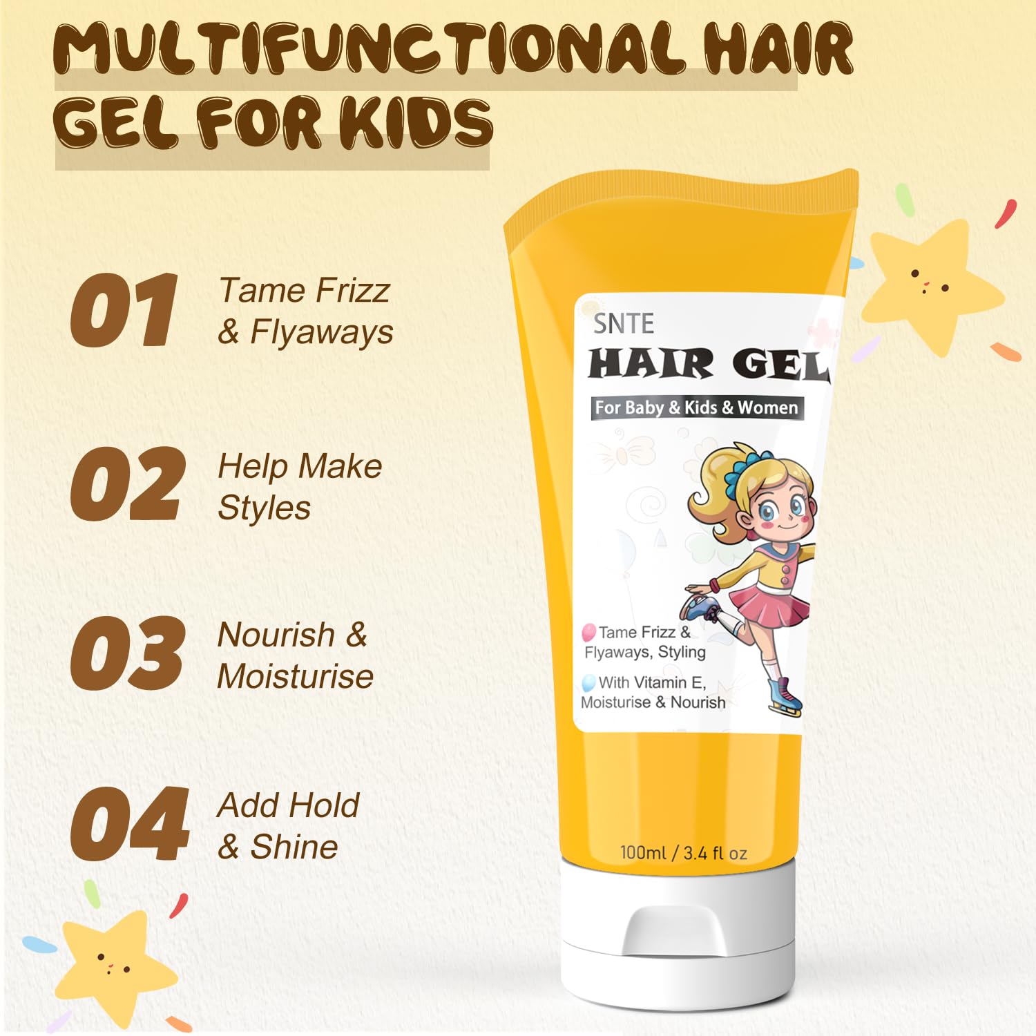 Samnyte Hair Gel for Kids, Baby Hair Gel Fly Away Hair Tamer, Styling Gel - Vitamin E Moisturize and Nourish, Flexible Hold Designed for Boys & Girls 3.4 Fl Oz