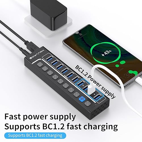 Miniatura 5 de Hub USB 3.0 alimentado, divisor de concentrador USB de 10 puertos con interruptores individuales y luces indicadoras, 10 puertos de transferencia de
