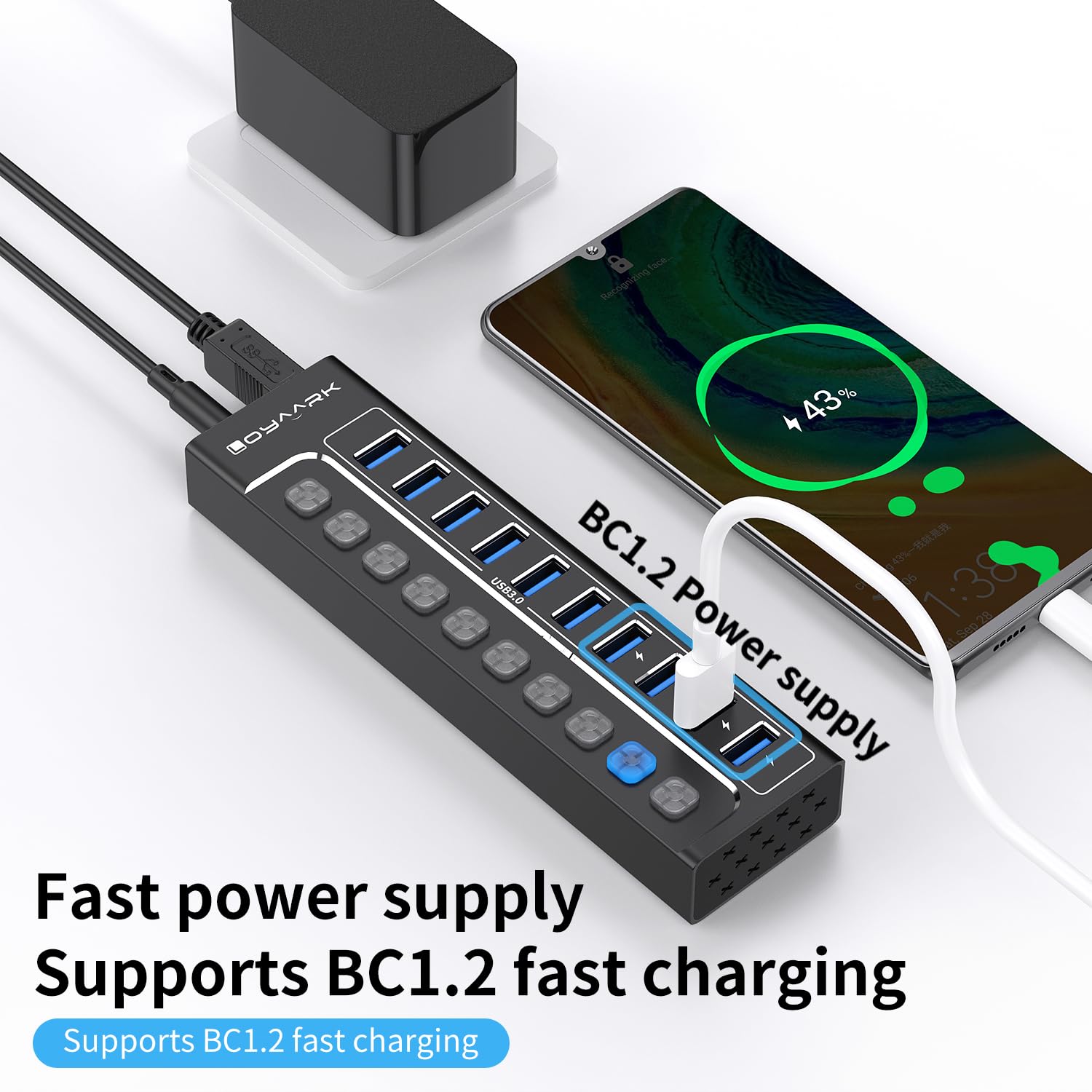 Hub USB 3.0, divisor de concentrador USB de 10 puertos con interruptores individuales y luces indicadoras, 10 puertos USB 3.0 de transferencia de datos, 4 de los cuales se pueden utilizar para carga