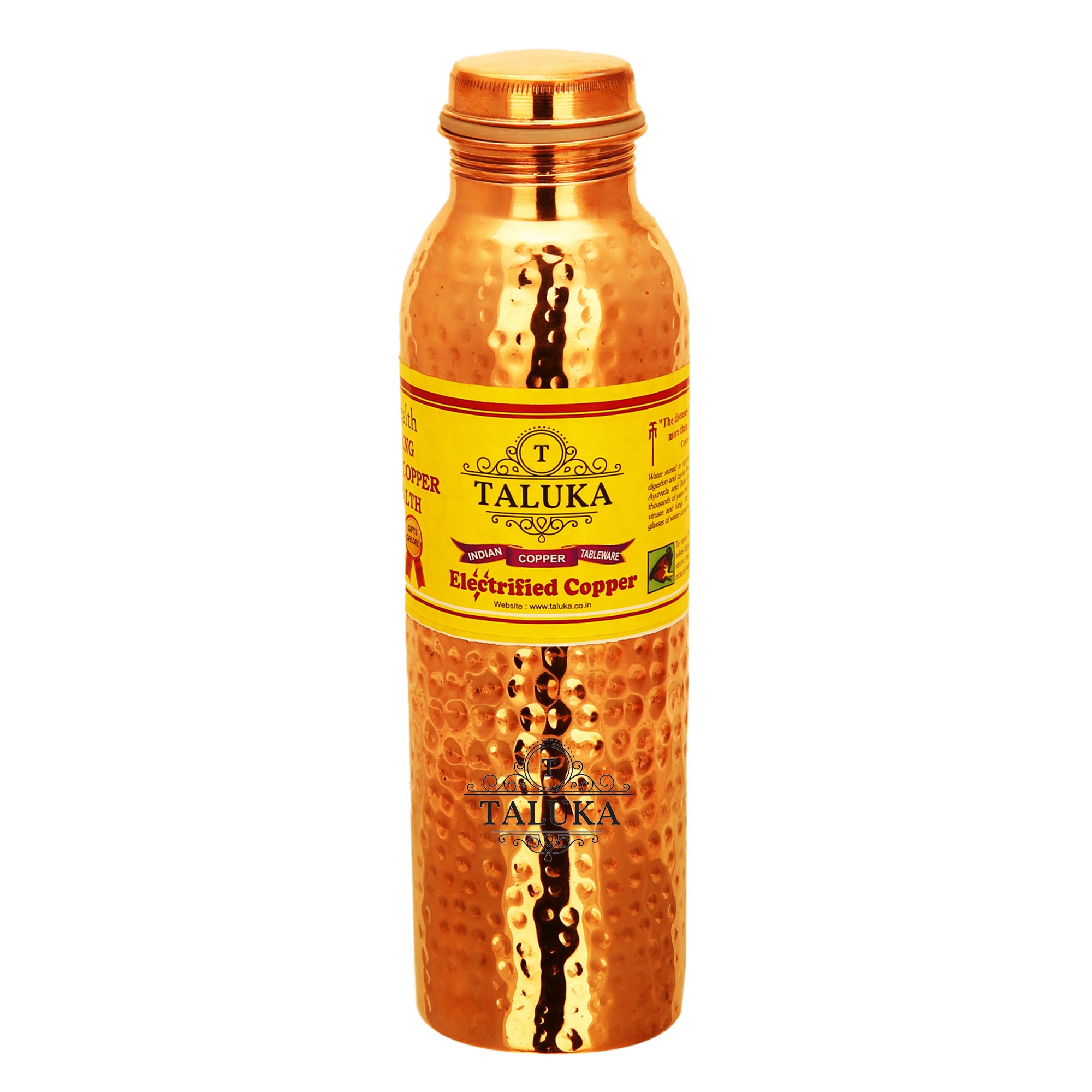 Taluka Copper Water Bottle 2.5" X 10" Inches 1000 ML Pure Handmade Hammered With Ayurvedic Health Benefits Satinless Steel Pitcher Storage Vessel