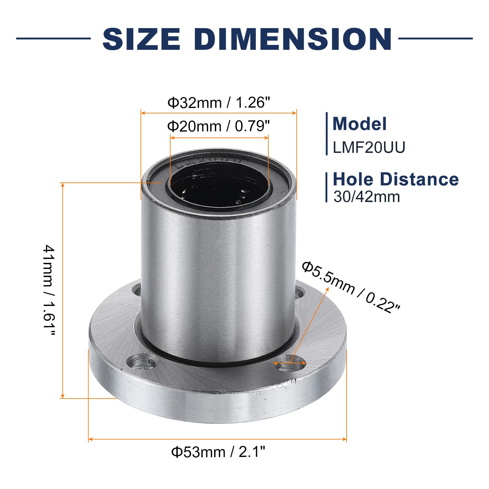 QUARKZMAN LMF20UU Cuscinetti Lineari a Sfere 20mm Diametro Interno 32mm Diametro Esterno 41mm Lunghezza Flangia Rotonda Nichelati con Viti per Macchine CNC Stampanti 3D 2pz