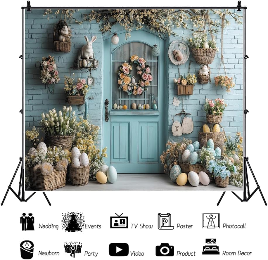 12x10ft Easter Photography Backdrops Light Turquoise Brick Wall Wooden Door Floral Happy Easter Photo Backdrop for Photoshoot Flower Spring Background Back Drop Decorations Photo Booth Props