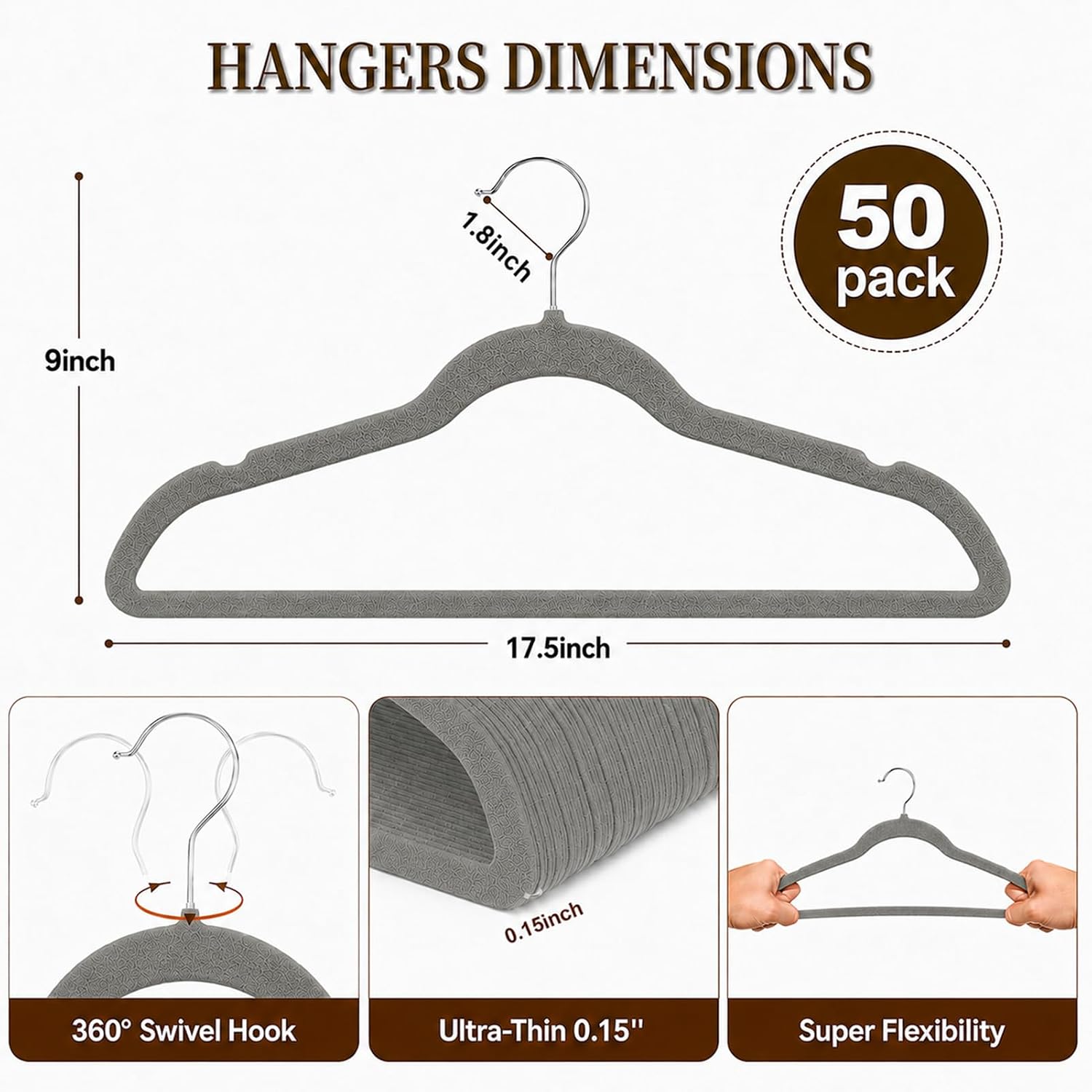 Velvet Felt Hangers 50 Pack, Non Slip, Slim, Space Saving, Gray
