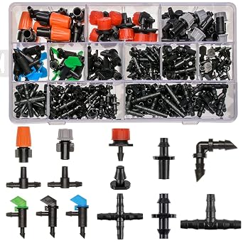 204Pcs Barbed Connectors Irrigation Fittings Kit,Drip Irrigation Barbed Connectors 1/4Tubing Fittings Kit for Flower Pot Garden LawnStraight Barbs,Single Barbs,Tees,Elbows,End Plug,4-Way Coupling