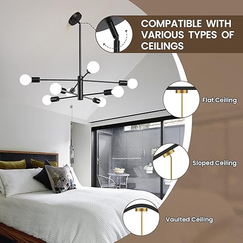 Miniatura 4 de KAISITE Lámpara de techo moderna Sputnik, lámpara de techo negra para dormitorio, sala de estar, 8 luces de altura ajustable, para comedor, granja,