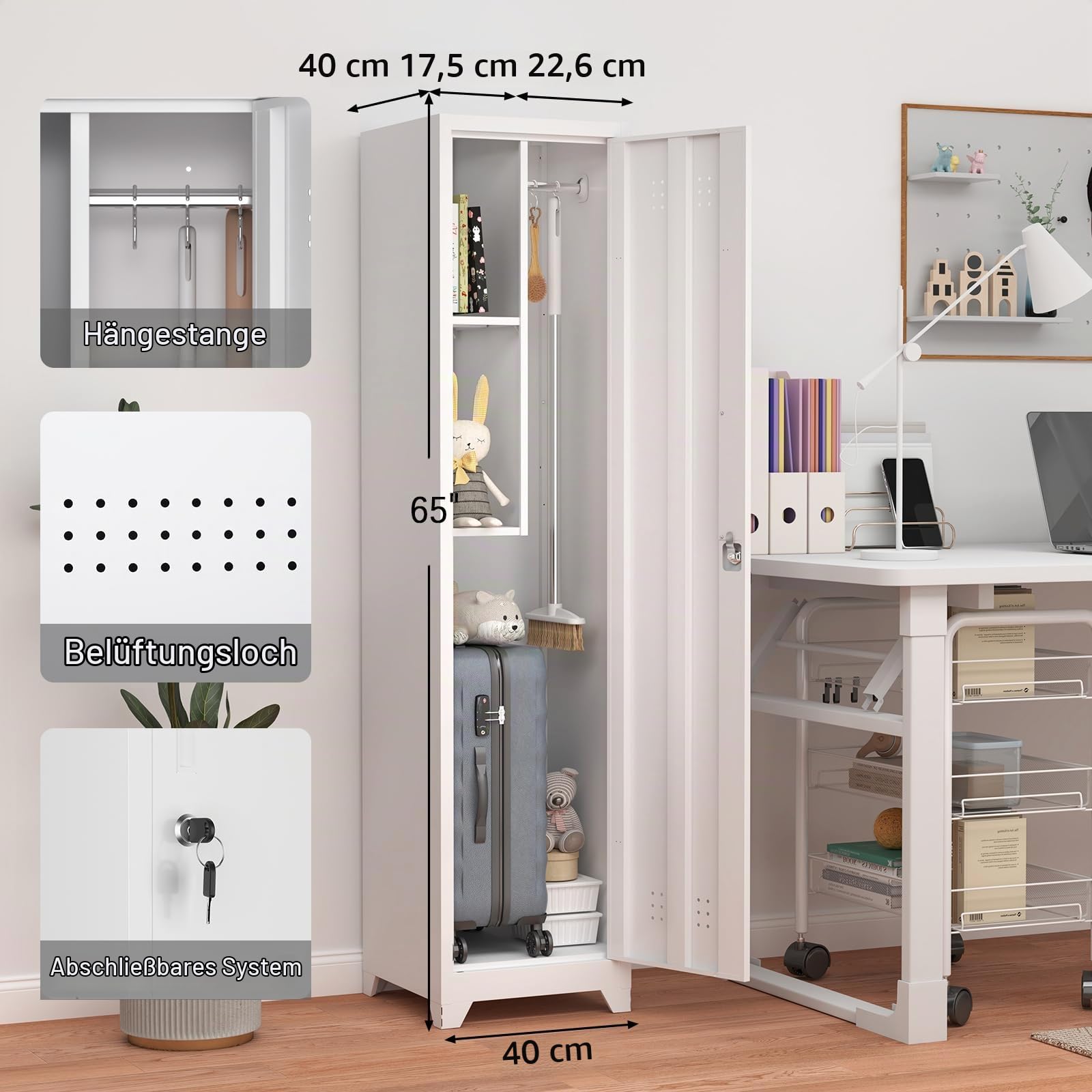GREATMEET Schmaler Metall-Putzschrank mit 1 Tür, Besen- & Geräteschrank für Reinigungsutensilien, Schmaler Werkzeug- & Haushalts-Organizer für Garage & Waschküche, Weiß