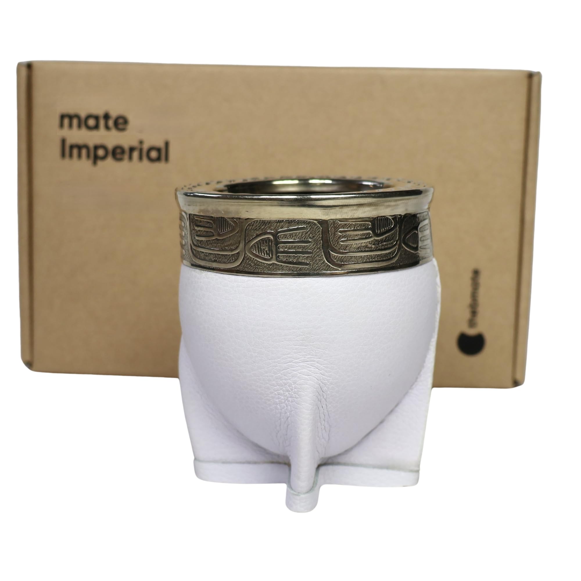 thebmate [Premium Yerba Mate Cup (Mate Gourd) - Crafted Ceramic Teacup – Coppery Brown Leather Wrapped Handmade in Uruguay - Mate Imperial - Imperial Style (White)