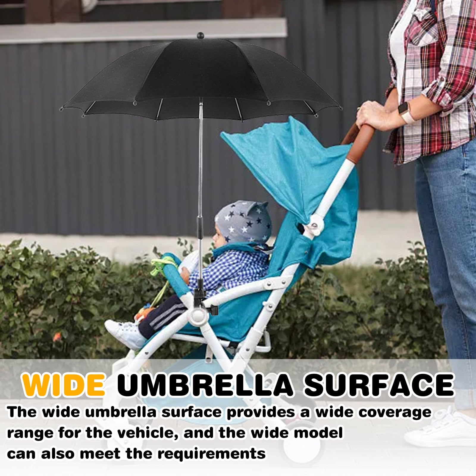 Parasol de Poussette Universel avec Support - 84 cm Diamètre, Protection UV 50+, Rotatif et Inclinable, Noir