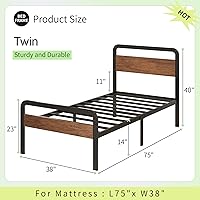 Vista 2 de Marcos de Cama Individual con Cabecera y Pie de Cama de Madera, Marco de Plataforma de Metal de 14 Pulgadas con Soporte de Listones de Acero, No