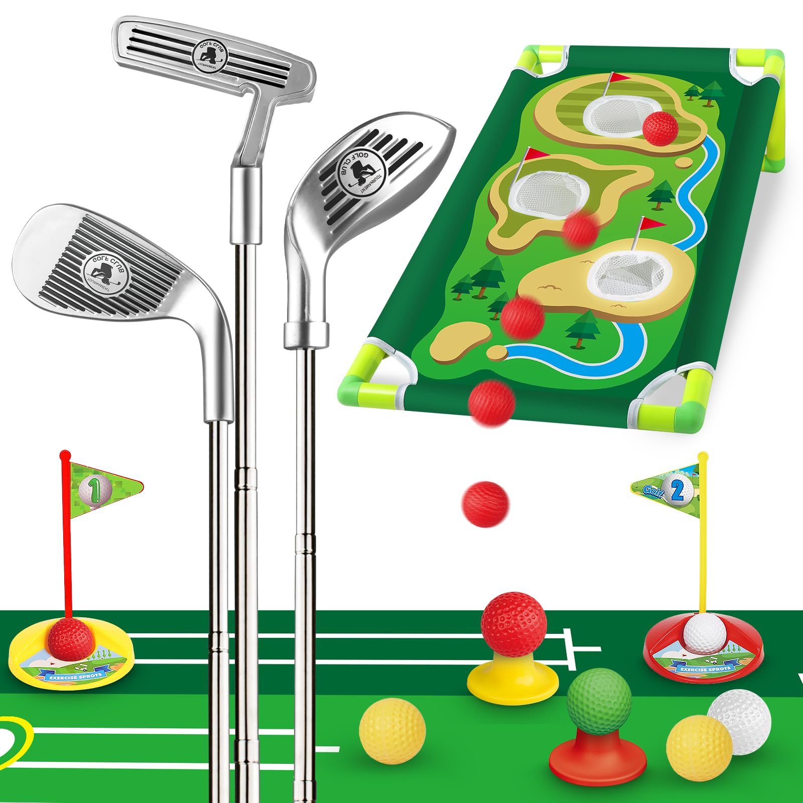 Letapapa Toddler Golf Set, Golf Clubs Length Adjustable with Mat & Golf Cornhole, Upgraded Kids Golf Clubs with 8 Balls, Indoor & Outdoor Sports Toys Birthday Gifts for 3 4 5 6 Years Old Boys Girls