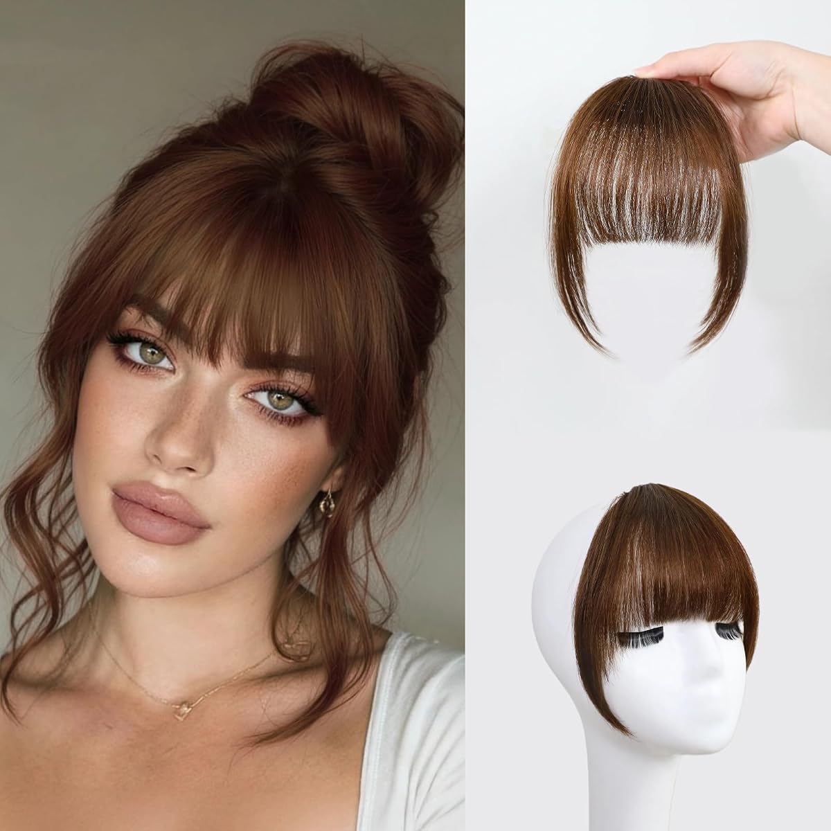 Flequillo con clip 100% cabello humano con flecos de imitación y patillas | Clips de aire de cortina para extensiones de cabello, postizos ligeros y esponjosos naturales falsos para mujeres y niñas, uso diario para fiestas, color castaño cálido