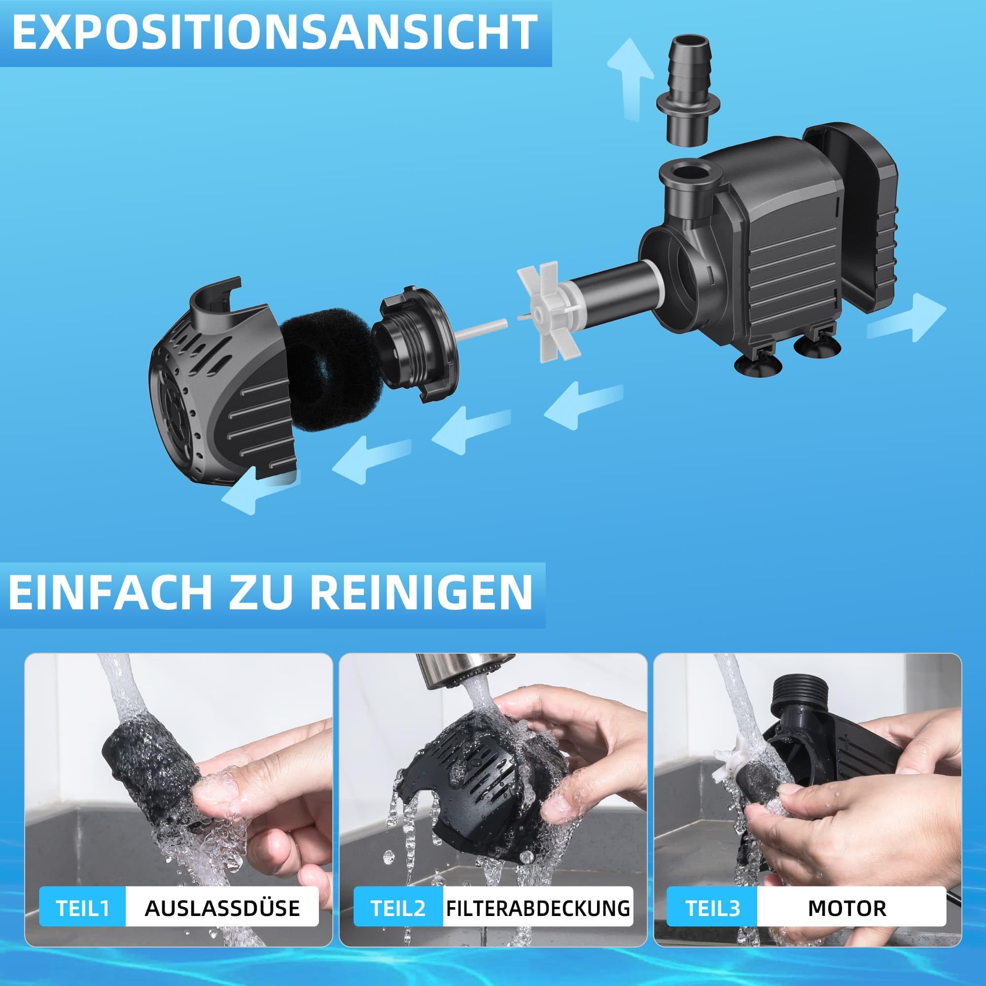 Pompe Bassin Biling 450L/H Mini Compacte - Filtre Intégré Protection Anti-Brûlure à Sec et 3 Adaptateurs- Ultra-Silencieuse - Pour Fontaine, Aquarium, Jeux d'Eau - Domestique