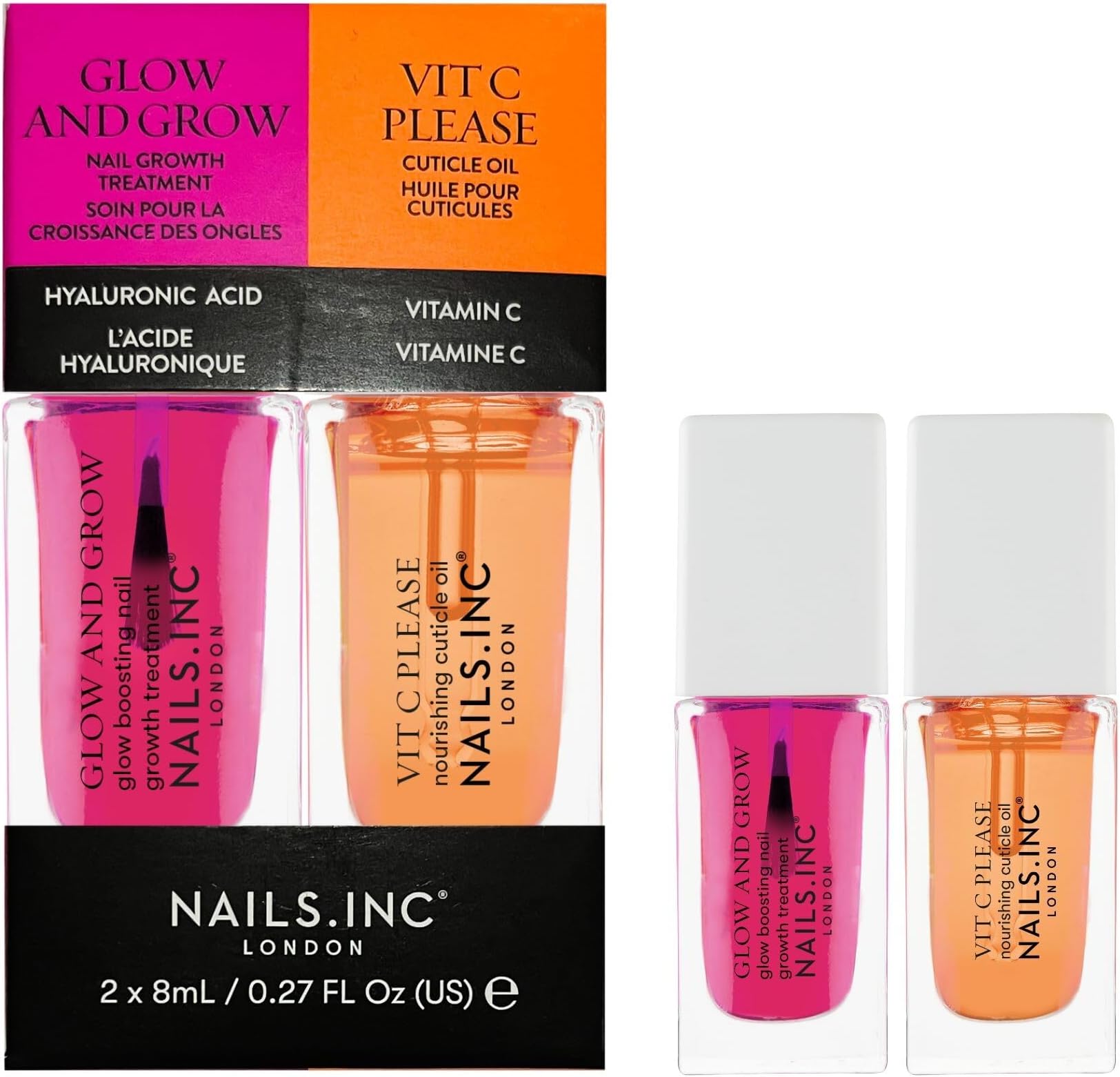 Nails.INC Mini Nail Treatment Duo, Includes Glow and Grow Nail Growth Treatment and Vit C Please Nourishing Cuticle Oil, With Active Skincare Ingredients to Promote Nail Health, Cruelty Free, Vegan