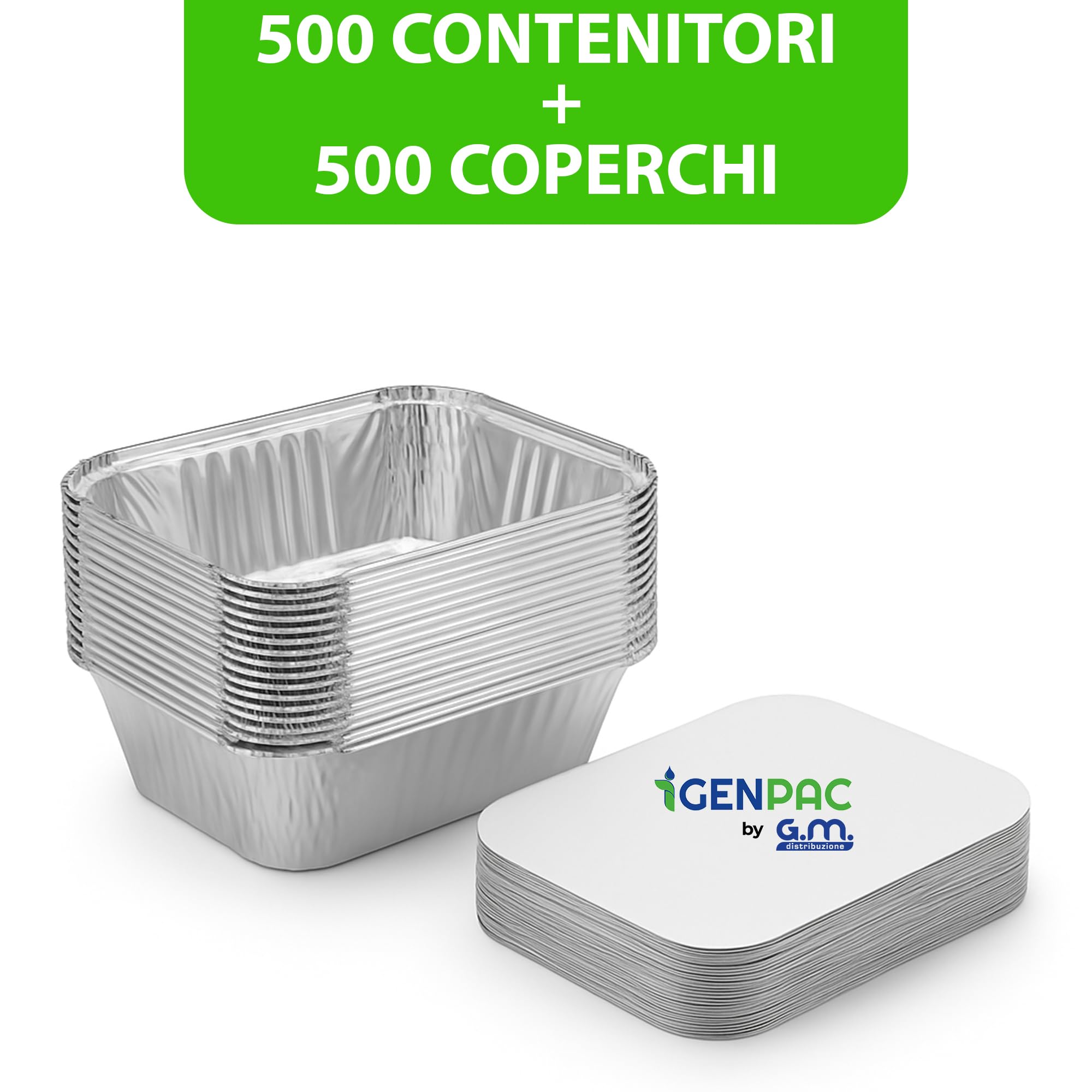 GM – 500 Contenitori Alluminio 1 Porzione 470 cc con 500 Coperchi Alluminizzati, Vaschette per Alimenti Ideali per Forno, Congelamento, Gastronomia e Asporto Professionale