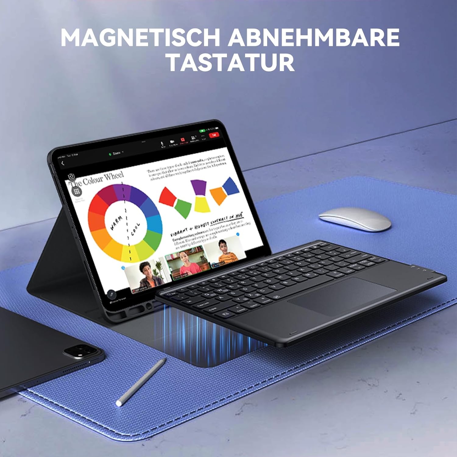 An iPad in its case with the keyboard detached and placed separately, illustrating the magnetic detachable feature.