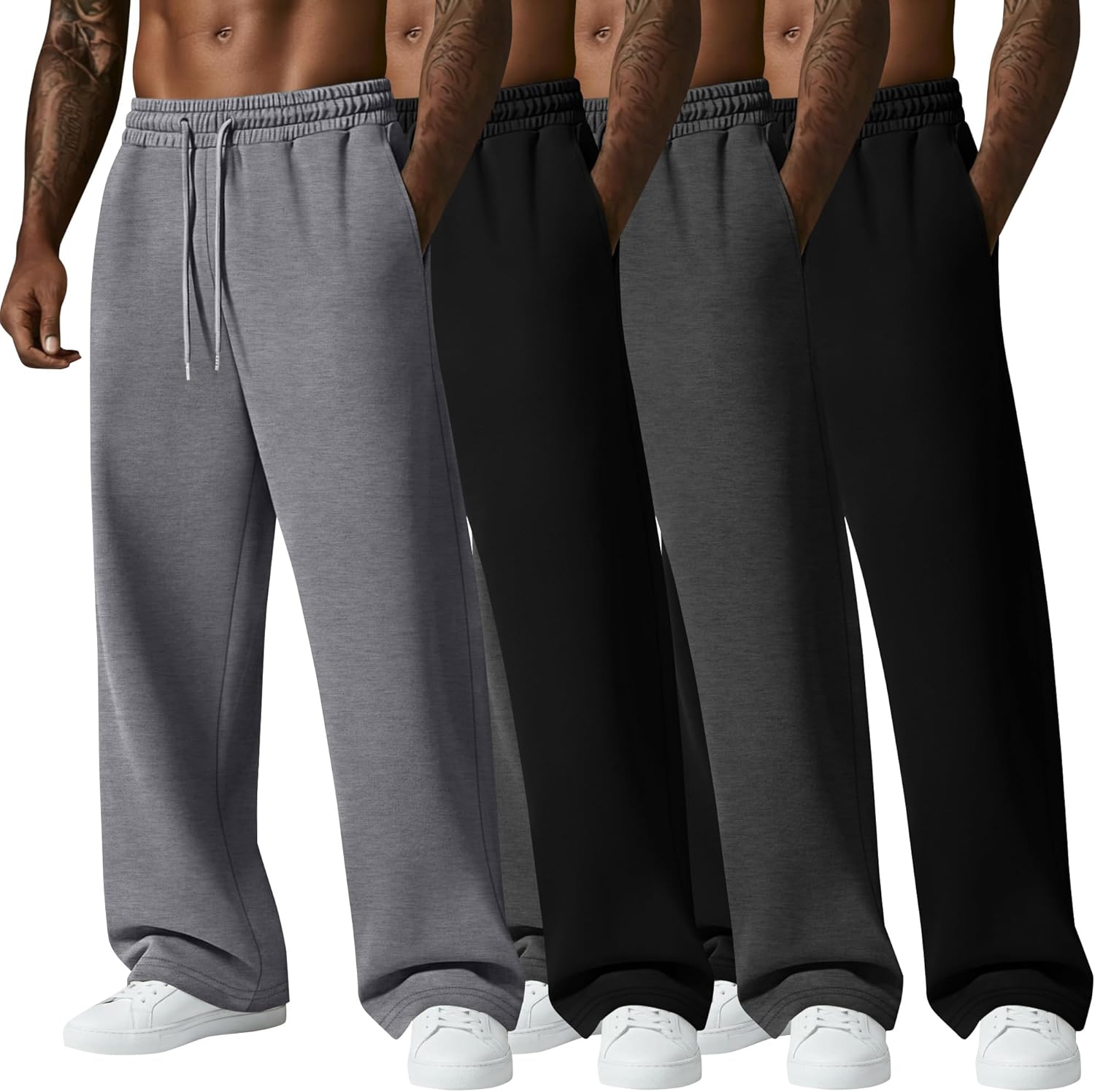 4 Pack Men's Big and Tall Sweatpant Thin Athletic Workout Jogger Open Bottom Baggy Drawstring Pants with Pockets