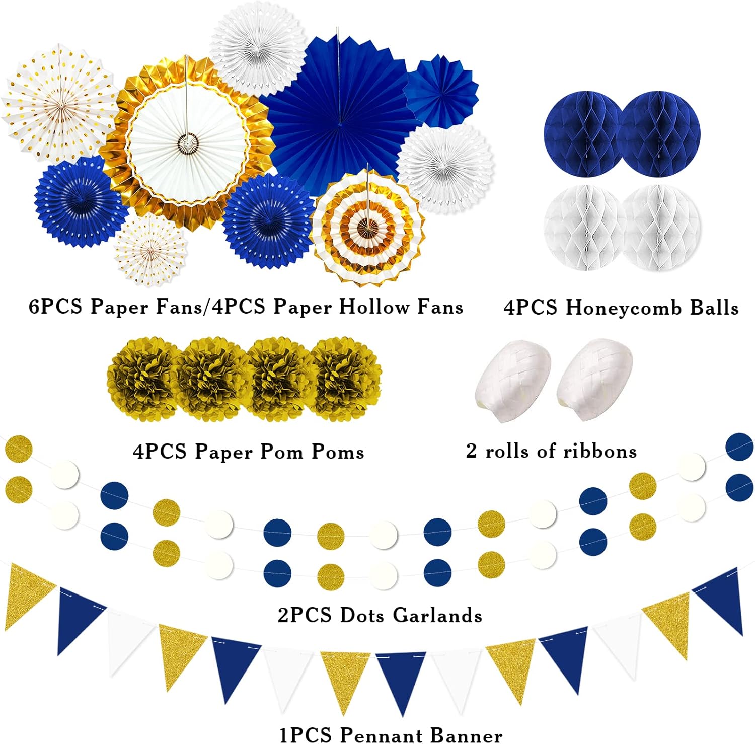 Blue and Gold Party Decorations - 23Pcs Navy Blue White Gold Baby Shower Birthday Decor for Men Boy Kids with Hanging Paper Fans, Pom Poms Flowers, Garland String Polka Dot Packs - Image 2