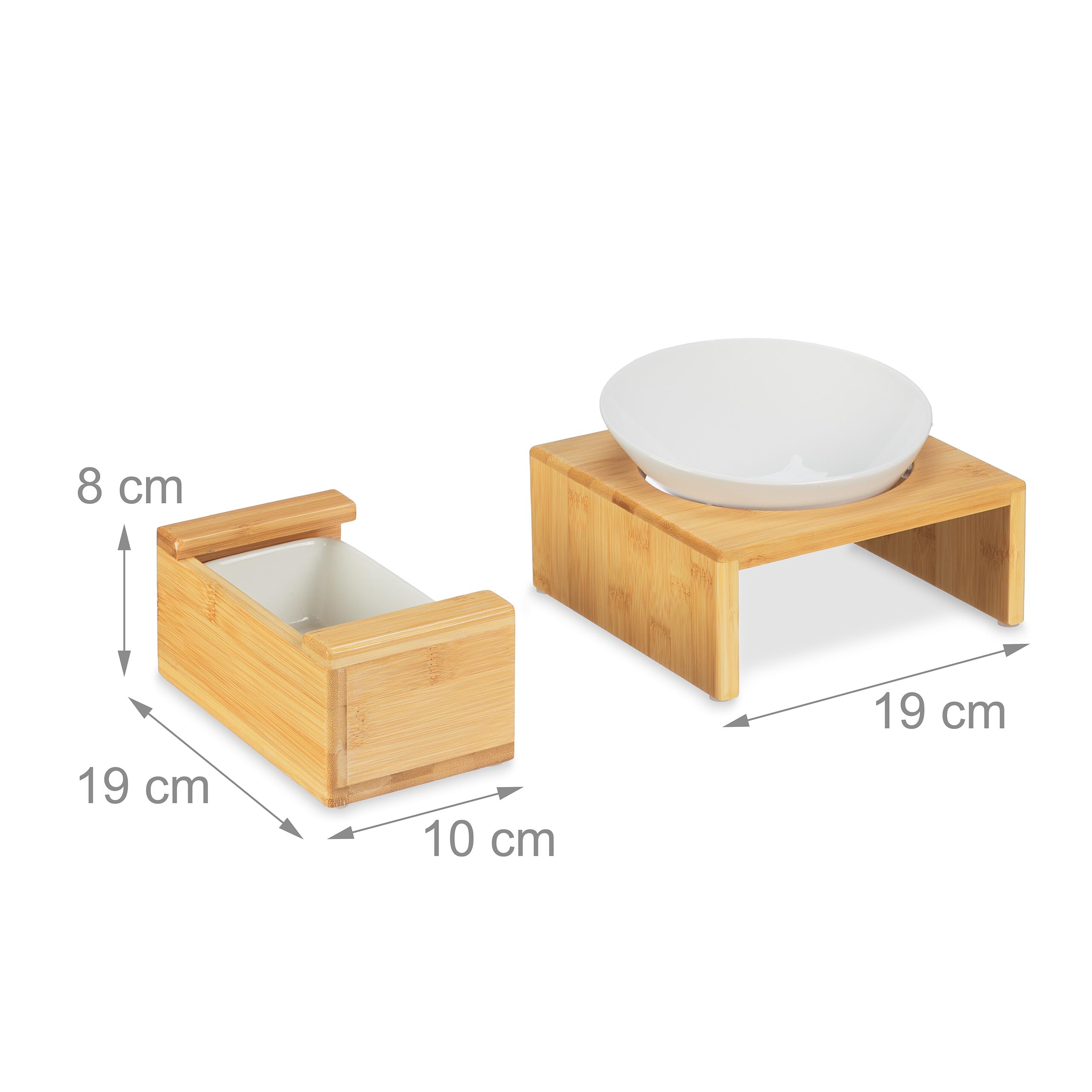 Relaxdays Zestaw misek dla kota z miską na trawę dla kota, 2 ceramiczne miski po 350 ml, stojak bambusowy, nadaje się do mycia w zmywarce, kolor naturalny/biały