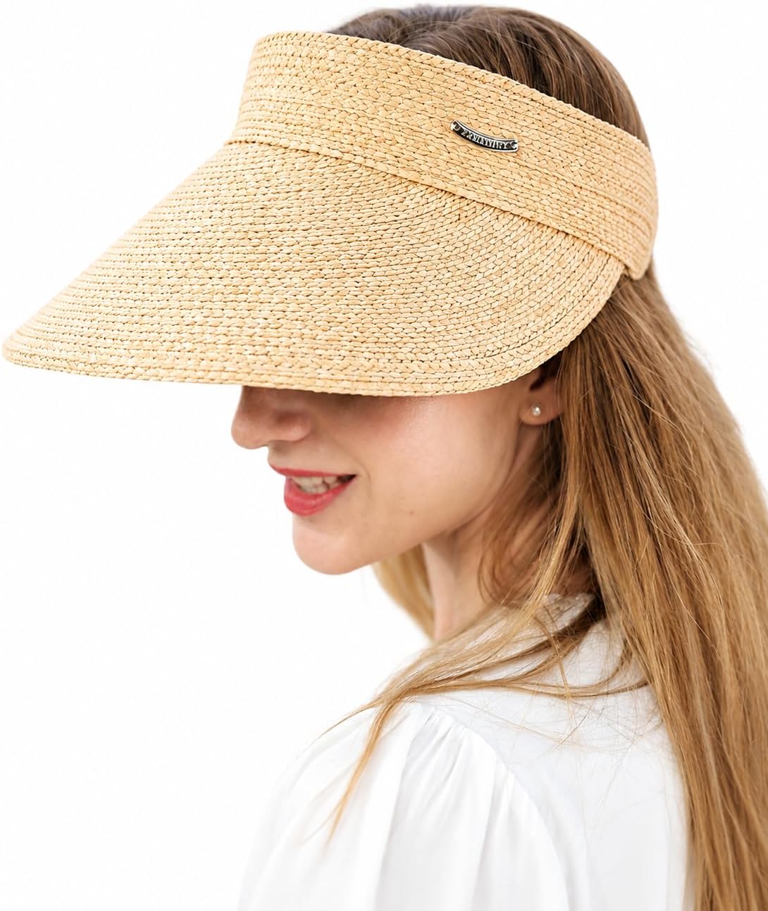 Women's Wide Brim Sun Hat Straw Sun Visor Hat, Natural Straw, Visor Cap UPF 50 Protection, Foldable Beach Hat with Ponytail