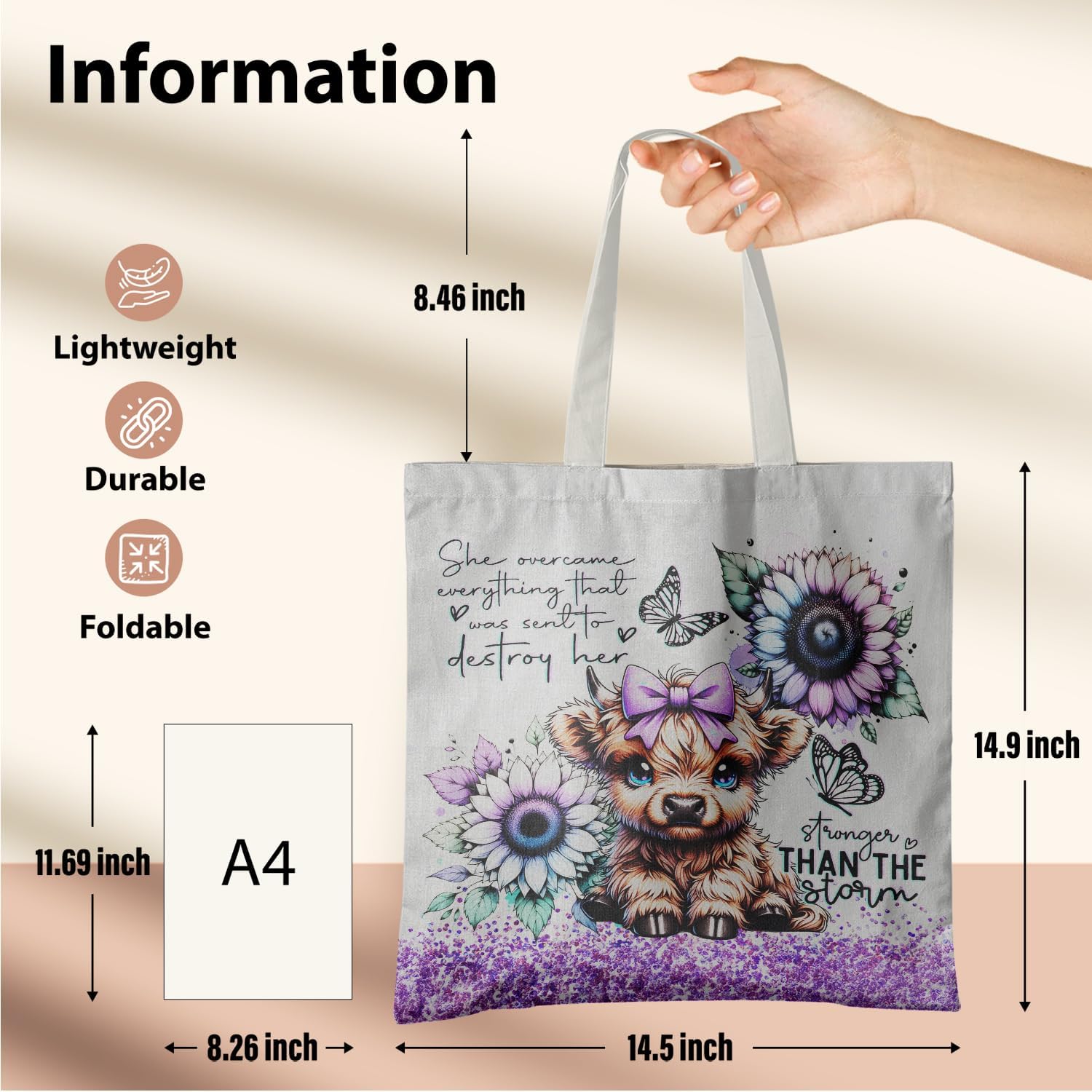 Western Highland Cow Canvas Shoulder Bag for Women & Girls, Highland Cow Lover Gift - Image 5