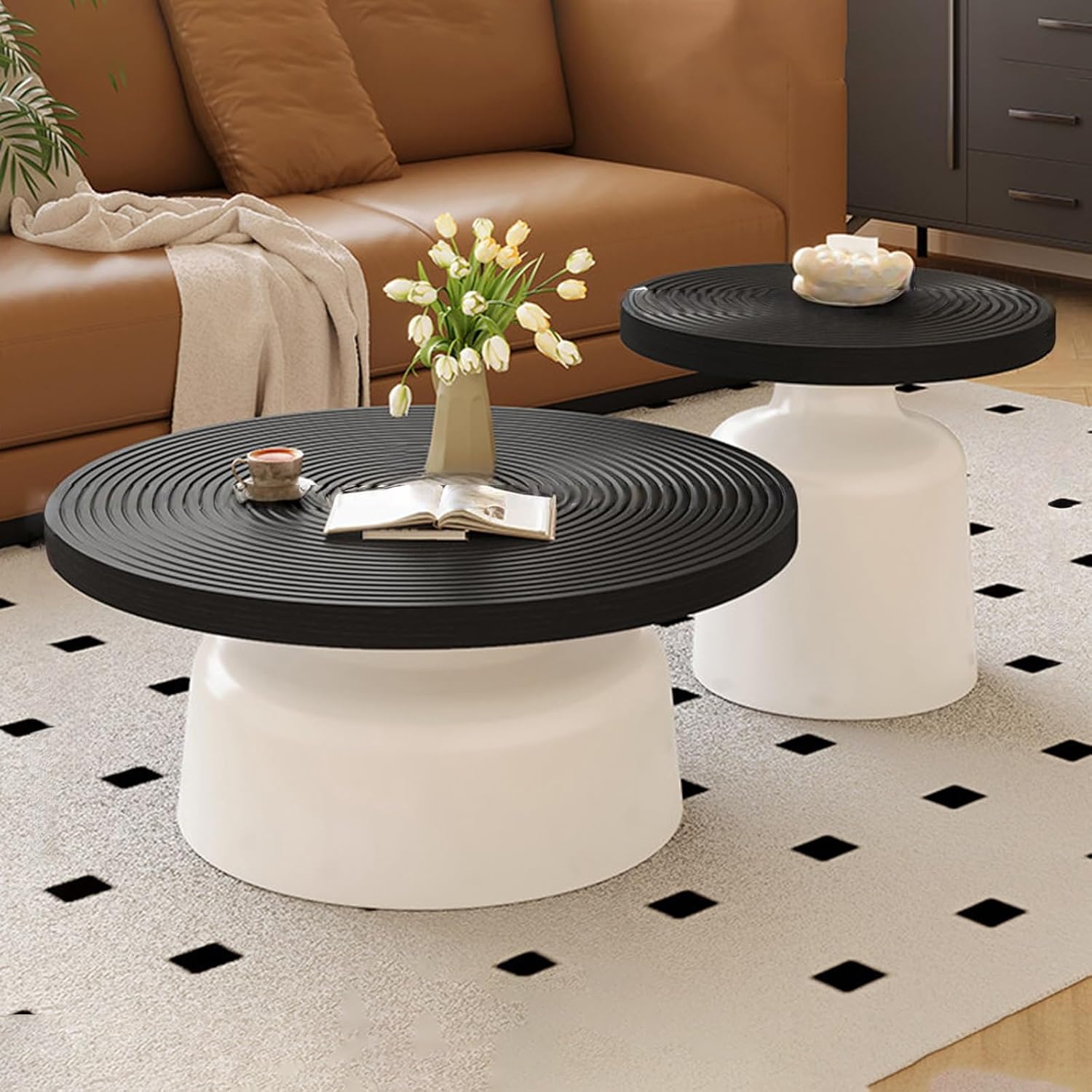 Nesting Coffee Table Set of 2,Mid-Century Wrought Iron Coffee Table,Cream Style Living Room Centerpiece,for Dining Room Apartment Home(Black White)