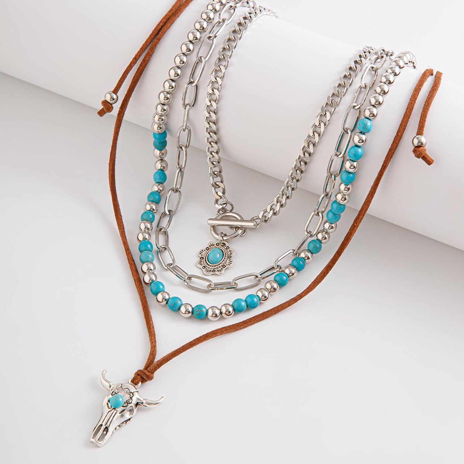 Layered Western Necklaces for Women Cactus Bull Head Cowgirl Hat Boots Beaded Turquoise Necklace Turquoise Jewelry Vintage Silver Western Jewelry for Women Cowgirl Accessories - Image 4