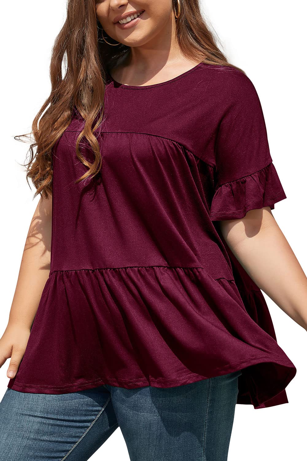 DEARCASE Plus Size Tunic Tops for Women Summer Short Sleeve Crew Neck Loose Blouses Pleated Babydoll T-Shirts XL-5XL